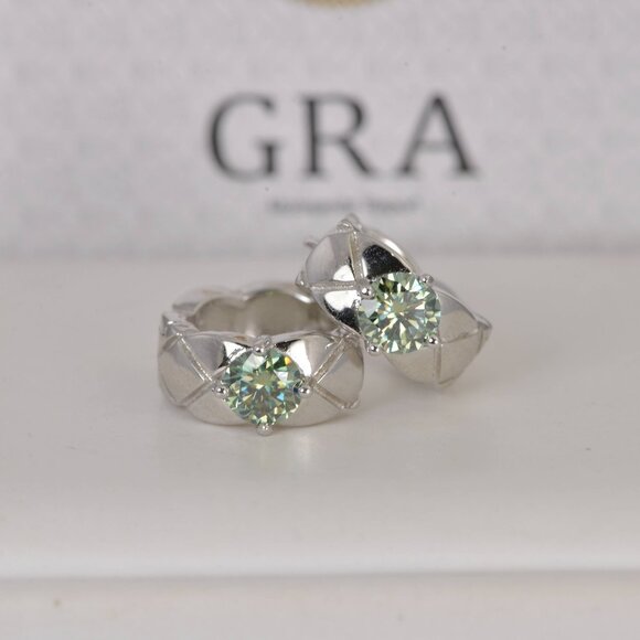 Certified 1ct Blue Green Moissanite Hoop Earrings 925 Sterling - Picture 2 of 8